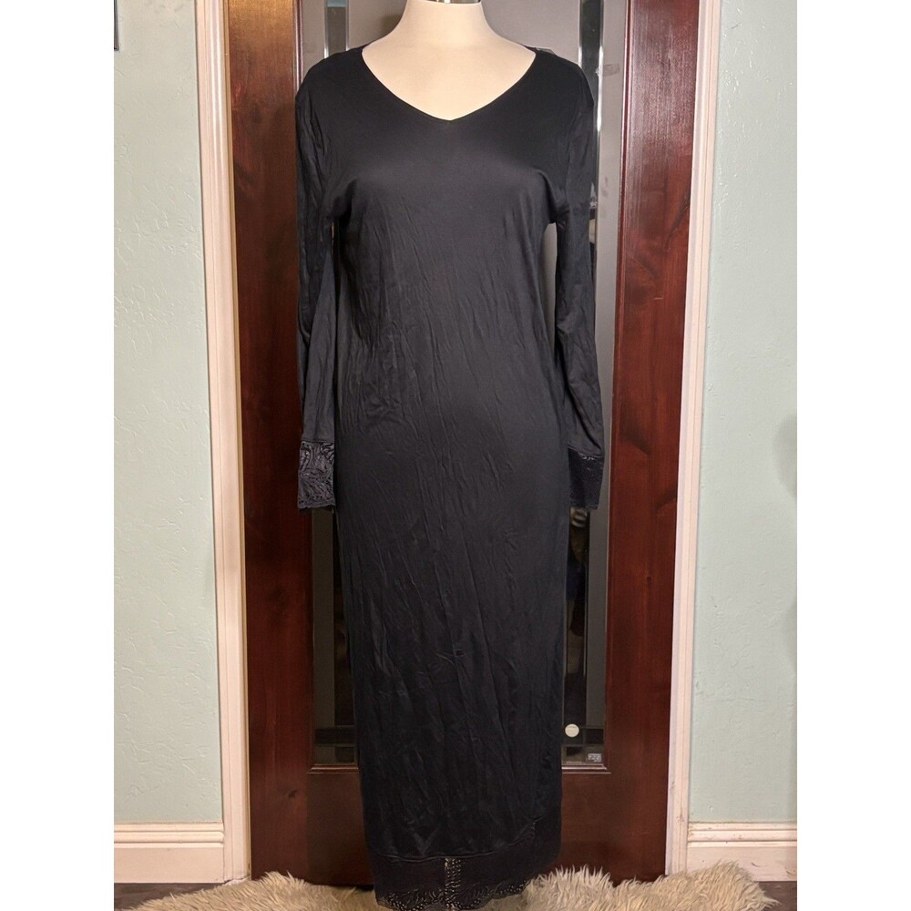 HANRO Black Lace LUXURY Modal Silk Long Sleeve NightGown Gown Sz Medium 10/12